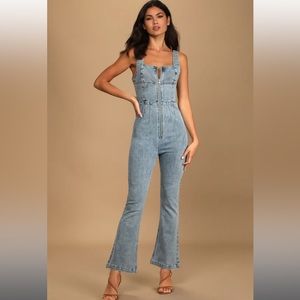 Keep Groovin' Light Wash Denim Zip-Front Jumpsuit